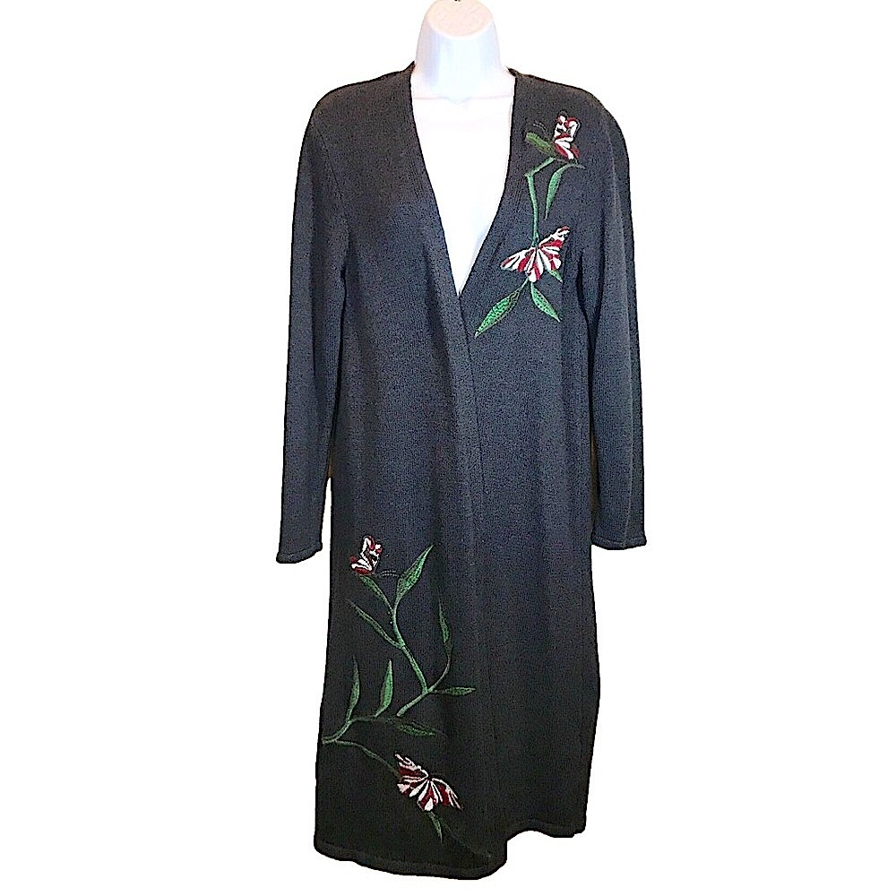 EMBROIDERED FLORAL LONG OPEN FRONT CARDIGAN, SYTLE & CO, SZ L, GRAY + FLORAL